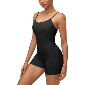Essential Black Women Yoga Bodysuit Short Seamless Spaghetti <b>Strap</b> Tummy Control Gym Workout Romper - Product Image 2