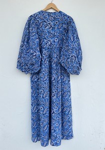 Women Blue Floral Cotton Maxi Long Sleeve <b>Dress</b> Hand Block Print Summer Wear Casual Modest Prairie <b>Dress</b> Boutique Clothing - Product Image 5