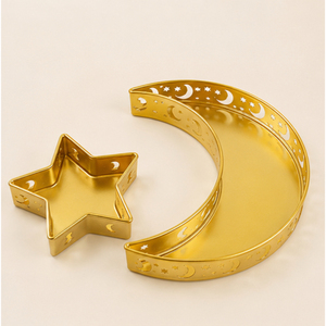 <b>Gold</b> Metal Ramadan <b>Serving</b> <b>Tray</b> Set Hollow Out Crescent Moon Star Shaped Eid Mubarak Food Dessert Platter Muslim Party Table - Product Image 1