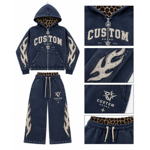 Men Distressed Flame Applique Hoodie Sweatpants 2 Piece Set Custom Studded Leopard Lined <b>Tracksuit</b> - Product Image 2