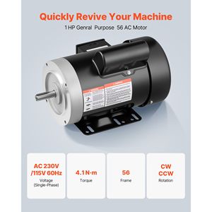 Motore Elettrico 1 HP 1725 RPM 60Hz per Compressore d'Aria, Rotazione CW/CCW, Diametro Albero 5/8 Pollici, Lunghezza Albero 1,88 Pollici, Coppia 4,1 N.m - Product Image 2