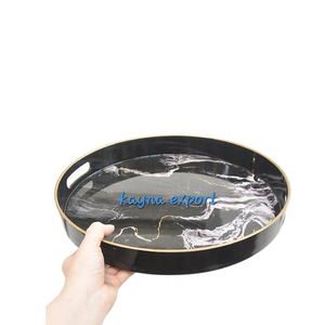 Bandejas de servicio de chapa de abedul de madera con impresión de estilo europeo, bandeja de madera impresa de forma redonda con acabado de esmalte brillante de madera de mango - Product Image 3