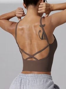 Women's Ribbed Seamless Gym Crop Top | <b>Thin</b> Criss Cross <b>Strap</b> Sports <b>Bra</b> | Sweat Wicking Longline Padded Fitness Brassiere - Product Image 4