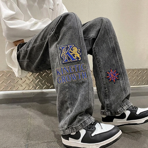 Men's Loose Mid Waist Boyfriend <b>Jeans</b> Breathable Medium Wash Denim Graphic Embroidery Front Logo Spring Summer Autumn Winter - Product Image 5