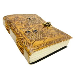 Cuaderno de bocetos vintage de 200 páginas, 7x5, con hojas plegables, borde deshilachado, diario de cuero con grabado de búho, tapa dura de piedra negra - Product Image 1