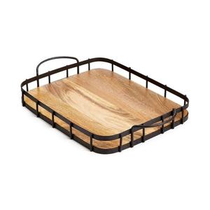 Bandeja de servir de madera con marco y asas de metal, acabado pulido con aceite, uso residencial, bandejas decorativas de almacenamiento, fácil de transportar - Product Image 1