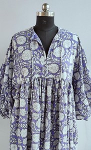 Bohemian Purple <b>White</b> Floral Block Print Cotton Midi Dress With Puff Sleeve Loose Fit Tie Neck Summer Dress For Women - Product Image 4