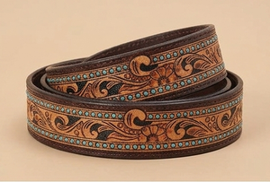 Cinturón de Cuero Marrón con Grabado Floral y Tachuelas Turquesa, Hebilla Plateada - Product Image 2