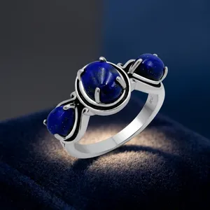 Gourik Women's <b>Lapis</b> <b>Lazuli</b> 925 Sterling Silver Statement <b>Ring</b> Handmade Vintage Three Stone Wedding Setting Jewelry - Product Image 4