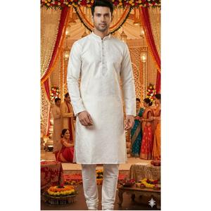 Ensemble Kurta Pajama Ethnique Luxueux pour Homme, Tissage Jacquard en Soie Artificielle, Tenue de Fête et de Mariage, Très Demandé, Disponible à la Vente - Product Image 1