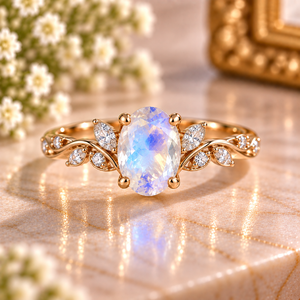 Oval Rainbow <b>Moonstone</b> Ring 925 Sterling Silver Leaf Vine Engagement Ring Gold Plated Custom Gemstone <b>Jewelry</b> - Product Image 1