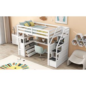 Letto a soppalco bianco singolo con scrivania e scaffali, due cassetti integrati e scala contenitore per bambini - Product Image 4