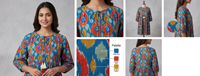 Vestido Formal Largo hasta el Suelo para Mujer, Estampado Ikat, Corte en A, Mangas Largas, Cuello Redondo, Hecho a Mano, Obra Maestra, Algodón de la Mejor Calidad, Mini