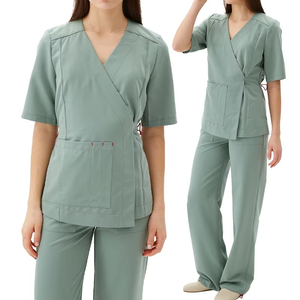 Ensemble de blouses médicales en polyester tissé bordeaux pour femmes, haut à col en V à manches courtes et pantalon assorti, uniformes d'hôpital - Product Image 3