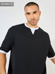 Men’s 2-in-1 Layered T-<b>Shirt</b> | Black <b>Waffle</b> Knit Oversized Tee | Urban Streetwear Double Hem Short Sleeve Top with Notch Neck - Product Image 2