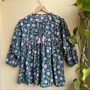 Casual Floral Block Print Tunic Top Deep Neck with <b>String</b> Closer Hand Woven Long Maxi <b>Dress</b> Embroidery for Outwear - Product Image 1