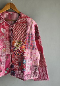 Veste courte matelassée rose patchwork pour femme, col en V, manches trois quarts, coton, automne, avec fermeture boutonnée, CADEAU POUR ELLE - Product Image 5