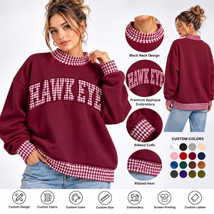 Pull à col montant décontracté à carreaux, en coton de haute qualité, sweat-shirt surdimensionné à col montant en molleton brodé sur mesure pour femmes - Product Image 1