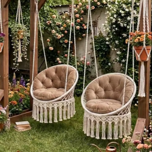 Ensemble de balançoires de jardin en macramé, balançoire de style bohème, chaise suspendue faite à la main avec coussins, décoration de patio extérieur, balançoire de véranda bohème - Product Image 1