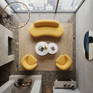 Conjunto de sofá amarillo moderno con una mesa de centro redonda hecha de madera de pino americano para salas de estar contemporáneas y elegantes. - Product Image 6