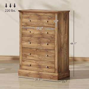 Comò Moderno Stile Fattoria da 79 cm con 5 Cassetti, Cassettiera Marrone in Metallo per Camera da Letto e Soggiorno, con Piano in Legno, Soluzione di Archiviazione - Product Image 3