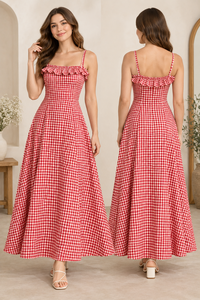 <b>Red</b> Gingham <b>Check</b> Ruffled Strap Midi <b>Dress</b> A-Line Vintage Casual Summer Cotton Woven Fitted Flared Hem - Product Image 3