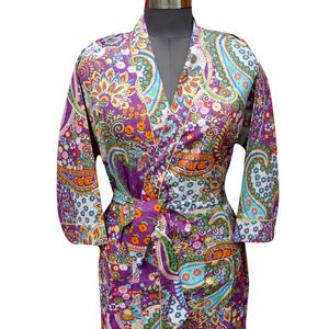 Summer Casual Sleepwear <b>Kimono</b> Multi Color Floral Pattern Woman's Spa Robe 100% Cotton V-neck <b>Belt</b> Closure Full Length - Product Image 3