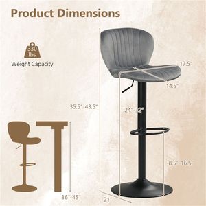 2 Pack Gray Bar <b>Stools</b> with <b>Adjustable</b> Height and 360 Degree Swivel Dutch Velvet Upholstered PU Material for Kitchen Use - Product Image 4