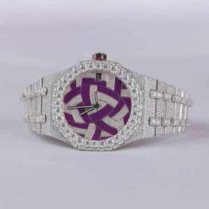 Montre de luxe pour homme Shanghai entièrement sertie de moissanite, mouvement à quartz, acier inoxydable, cadran squelette violet 16 mm, verre saphir, étanche - Product Image 1
