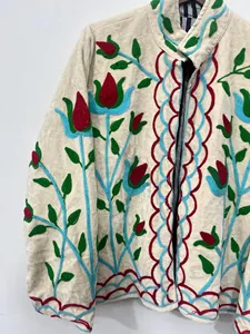 <b>Women</b>’s Boho Suzani Embroidered Cotton Jacket Colorful Floral Embroidery Stand Collar Long Full Sleeves Winter Open Front <b>Coat</b> - Product Image 5