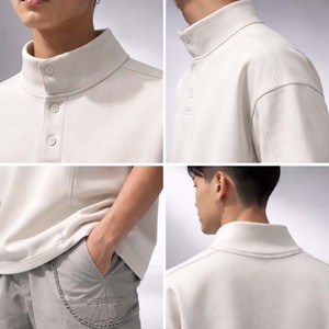 เสื้อโปโลผู้ชายทรงโอเวอร์ไซส์ คอสูง แขนสั้น สไตล์ลำลอง สตรีทแวร์ ผ้าฝ้าย รับสกรีนโลโก้ - Product Image 4