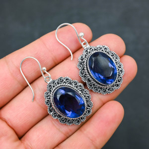 Boucles d'oreilles personnalisées en Tanzanite bleue créée en laboratoire, en argent sterling 925, 1,9 pouce, bijoux faits à la main, pierres précieuses, boucles d'oreilles fines antiques, cadeau - Product Image 1