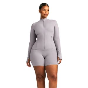 <b>Womens</b> <b>Light</b> Grey Long Sleeve <b>Jacket</b> High Neck Fitted Activewear Gym Workout Sports Top Slim Fit Athletic <b>Jacket</b> Custom OEM - Product Image 3
