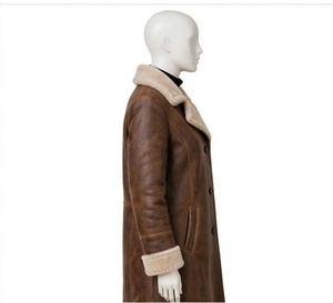 <b>Men's</b> Brown Genuine <b>Leather</b> Overcoat Long Notched Lapel Shearling Collar Single Breasted Warm <b>Coat</b> - Product Image 4