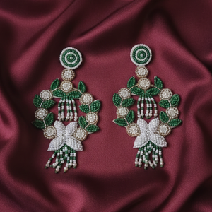Boucles d'oreilles pendantes florales perlées, bijoux de mariage vintage en alliage de perles pour femme, vert et blanc - Product Image 2
