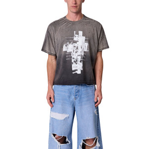 T-shirt pour homme à col rond et manches courtes, motif abstrait sur le devant, coupe ample délavée, style streetwear, vente en gros, personnalisable OEM, en jersey de coton - Product Image 1