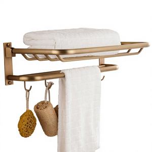 Wall Mounted Antique Brass Double Layer Eco-Friendly Bathroom Organizer Multi Functional <b>Towel</b> Shelf Hanging Hooks Modern Home - Product Image 4