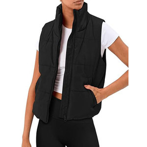 Gilet matelassé vert olive pour femme, long, sans manches, avec fermeture éclair, col montant, vêtement d'extérieur décontracté, coupe-vent, couleur unie - Product Image 3