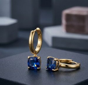 Petites boucles d'oreilles créoles avec pierre bleue Hydro Cushion 10 mm en argent sterling 925 plaqué or 18 carats, bijoux élégants et tendance - Product Image 2