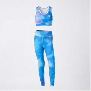North Approach 2 Piece Yoga <b>Set</b> Gradient Blue <b>Tie</b> <b>Dye</b> Crop Top High Waist Leggings Breathable Spandex Polyester Sportswear - Product Image 1