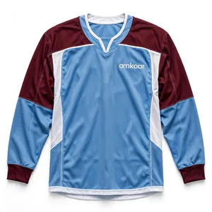 เสื้อฮอกกี้น้ำแข็งแขนยาวสำหรับผู้ชาย Amkoor สีเบอร์กันดีบลู คอวี ระบายอากาศได้ดี ผลิตจากโพลีเอสเตอร์ ซับเหงื่อ พร้อมโลโก้ด้านหน้า ชุดยูนิฟอร์มสำหรับผู้ใหญ่ - Product Image 3