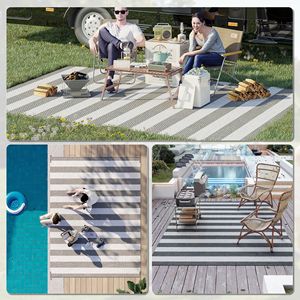 พรม RV ลายทางสีเทาและสีขาวขนาด9 'x 12' พร้อมกระเป๋าถือพรมทนทานสำหรับใช้งานกลางแจ้ง - Product Image 5