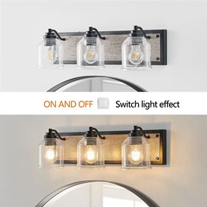 Lampada da bagno a 3 luci in stile rustico M, finitura effetto legno nero, 23 pollici, con paralumi in vetro smerigliato trasparente - Product Image 5