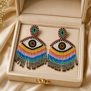 Pendientes colgantes de cuentas de semilla con ojo turco coloridos para mujer, hechos a mano, con borlas, pendientes llamativos, joyería de moda al por mayor - Product Image 5