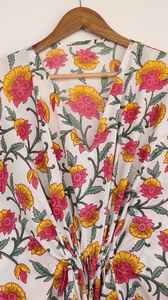 Hand Block Printed Pink <b>Yellow</b> Cotton Kaftan <b>Dress</b> Lightweight Summer Wear - Product Image 3