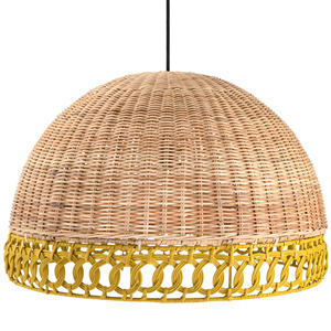 Abat-jour en rotin bicolore avec bordure tressée jaune, abat-jour suspendu en forme de dôme tissé naturel, couverture de lampe suspendue - Product Image 1