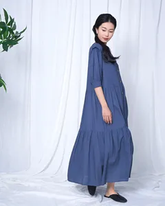 Premium Blue V-Neck Cotton Linen Maxi <b>Dress</b> With Short Sleeve <b>Loose</b> Fit Button Front Casual Daily Wear - Product Image 5