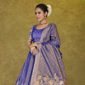 Ensemble Lehenga Choli en soie, tissage traditionnel, motifs floraux, bordure patrimoniale |   Vêtements ethniques pour femmes de qualité supérieure, sans plis, prêts à porter - Product Image 3