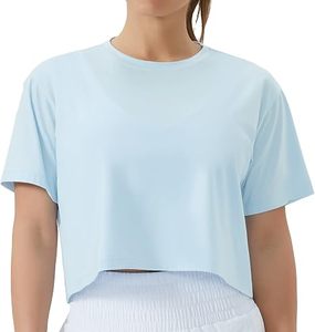 Sexy Women's Light <b>Blue</b> O-Neck Custom Logo Short Sleeve <b>Crop</b> <b>Top</b> Solid Color Gymwear Breathable Knitted Tank <b>Top</b> - Product Image 5