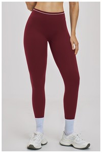 Women High Waist Elastic Waist Full Length <b>Leggings</b> Solid Burgundy Side <b>Stripe</b> Seamless Four-Way Stretch Spandex/Nylon Yoga - Product Image 6